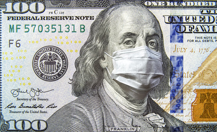 One Hundred Dollar Bill with COVID-19 face mask