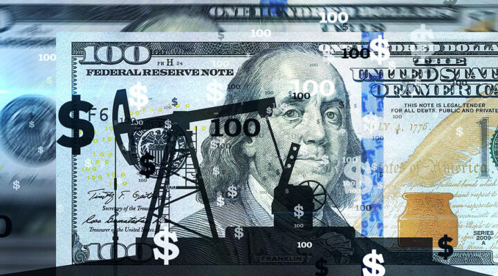 Oil pump silhouette working over counted 100 dollar banknotes. Abstract business metaphor of petrodollar, petrol industry, money, energy and fossil fuels concept illustration.