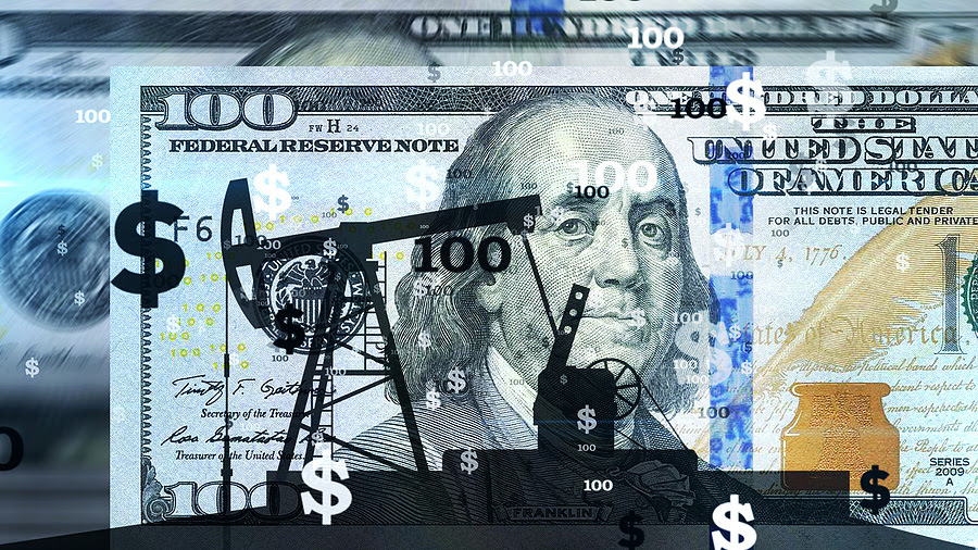 Oil pump silhouette working over counted 100 dollar banknotes. Abstract business metaphor of petrodollar, petrol industry, money, energy and fossil fuels concept illustration.